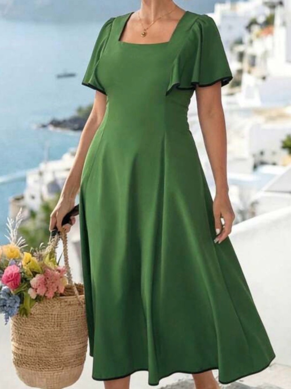 Elegant Green Square-Neck Women's Midi Dress